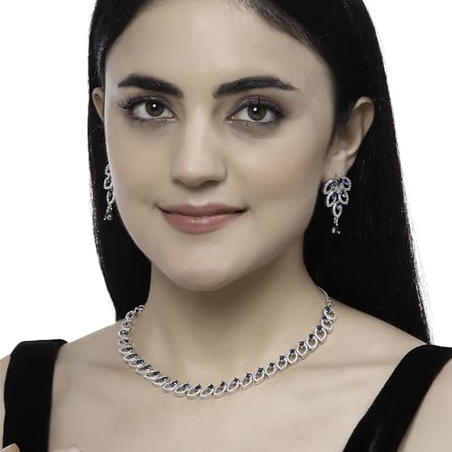 Rhodium-Plated AD Leaf Necklace Earring Set